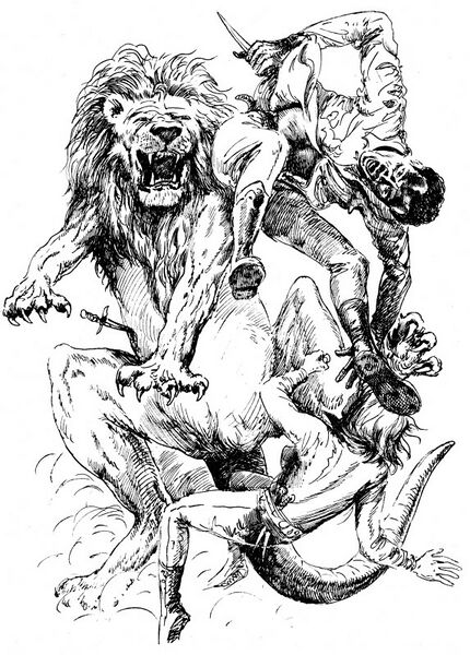 Ra und eine Gladiatorin kämpfen in Segor gegen einen Springlöwen Atlan 207 Zeichner: Johnny Bruck © Heinrich Bauer Verlag KG, Hamburg