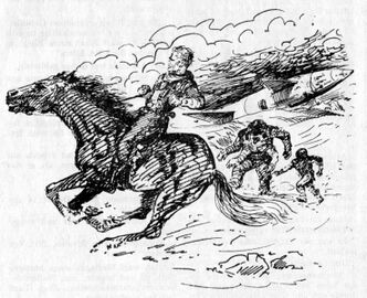 PR 443: Perry Rhodan galoppiert mit Takvorian vom Kurierschiff fort, Richtung Zeitmaschine Zeichner: Johnny Bruck © Heinrich Bauer Verlag KG, Hamburg