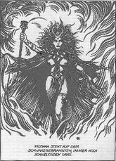 Fiothra steht auf dem schwarzgebrannten, immer noch schwelenden Gras. © Heinrich Bauer Verlag KG