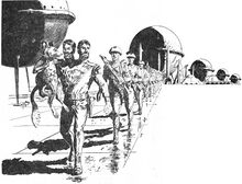 Die 53 Leute der "Zoltral'schen Leibgarde" marschieren auf dem Raumhafen von Arkon I zu ihrem neuen Schiff - voran Gucky, getragen von Iwan Iwanowitsch Goratschin PR 39 – Illustration 2 Zeichner: Johnny Bruck © Heinrich Bauer Verlag KG