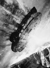 Das Ultraschlacht- und Trägerschiff der JÜLPRIT-Klasse, die YIÜRT, stürzt auf den Planeten Oszyr ab © Heinrich Bauer Verlag KG