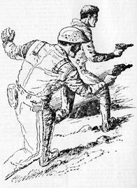 PR 427: Gezückte Handfeuerwaffen Anm.: Die Szene entspricht nicht der Beschreibung im Roman. Zeichner: Johnny Bruck © Heinrich Bauer Verlag KG, Hamburg